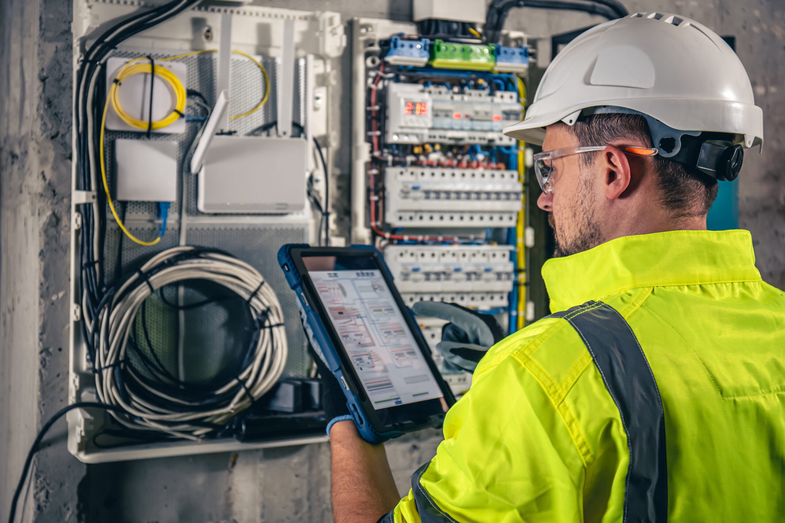 man, an electrical technician working in a switchboard with fuses, uses a tablet.